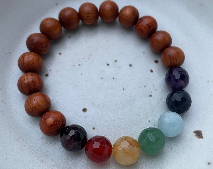 Chunky Natural Wood + Chakra Gemtones | 10 mm | Spiritual Junkies | Yoga + Meditation | Stackable | Mala Beads