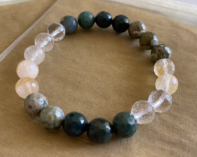 Devotion Bracelet | Moss Agate, Bloodstone, Rhyolite, Citrine, + Quartz Crystal | 8 mm | Spiritual Junkies