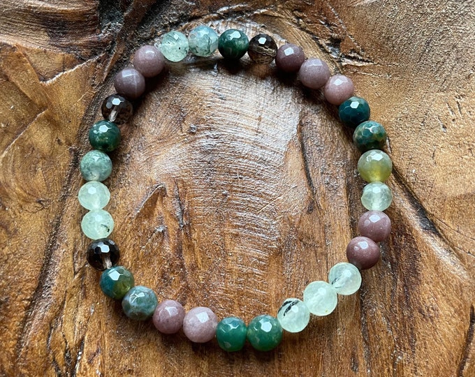 Mini Tree Hugger Bracelet | Moss Agate, Indian Agate, Purple Aventurine, Smoky Quartz + Prehnite | 6 mm | Spiritual Junkies | Yoga Mala