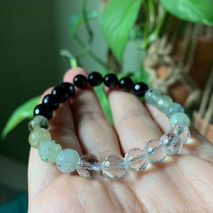 Divine Warrior Bracelet | Black Tourmaline, Prehnite + Quartz Crystal Bracelet | 8 mm | Spiritual Junkies | Yoga Mala Bracelet