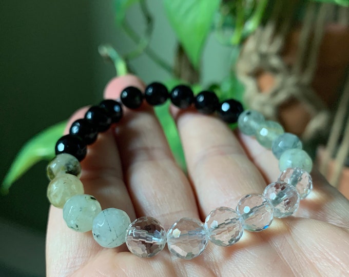 Divine Warrior Bracelet | Black Tourmaline, Prehnite + Quartz Crystal Bracelet | 8 mm | Spiritual Junkies | Yoga Mala Bracelet