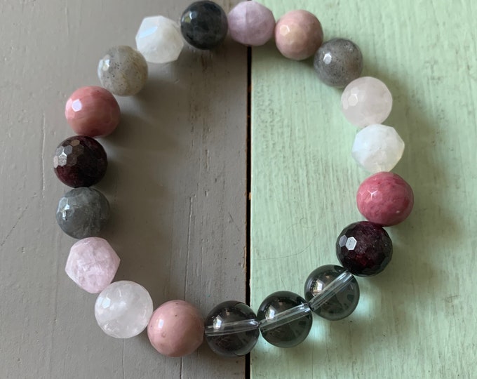 Chunky I Am Enough Bracelet | Garnet, Rhodonite, Rose Quartz, Kunzite, Labradorite, Moonstone + Silver Quartz | Spiritual Junkies | Yoga