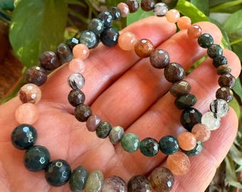Wisdom Keeper Bracelet | Bronzite, Moss Agate, Indian Agate, Rutile Quartz + Sunstone | 6 + 8 mm | Spiritual Junkies | Yoga + Meditation