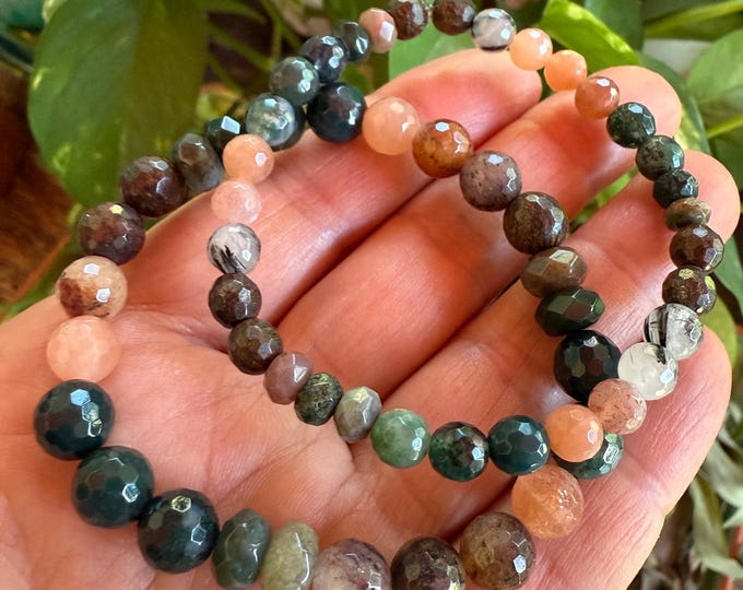 Wisdom Keeper Bracelet | Bronzite, Moss Agate, Indian Agate, Rutile Quartz + Sunstone | 6 + 8 mm | Spiritual Junkies | Yoga + Meditation