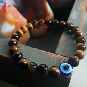Good Vibes Bracelet | Tiger Eye + Evil Eye | 8 mm | Spiritual Junkies | Yoga Jewelry | Mala Beads