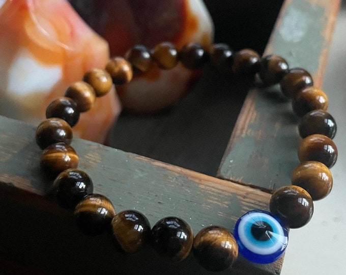 Good Vibes Bracelet | Tiger Eye + Evil Eye | 8 mm | Spiritual Junkies | Yoga Jewelry | Mala Beads