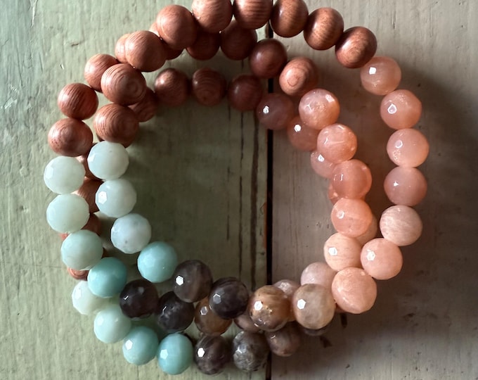 January Mala of the Month Winter Waves Bracelet | Rosewood, Amazonite, Chocolate Moonstone + Sunstone | 8 mm | Spiritual Junkies | Yoga Mala