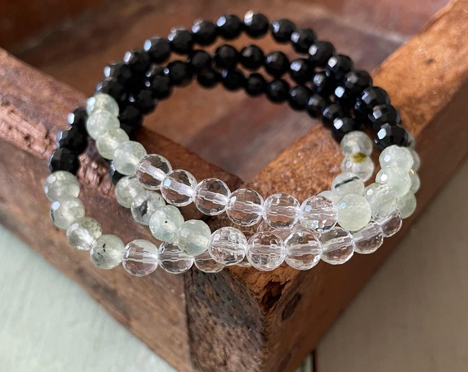 Mini Divine Warrior Bracelet | Black Tourmaline, Prehnite + Quartz Crystal Bracelet | 6 mm | Spiritual Junkies | Yoga Mala Bracelet