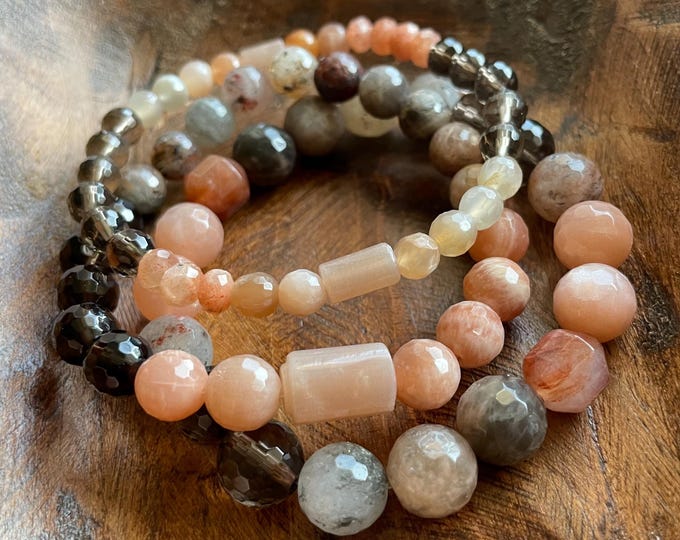 August Mala of the Month | Rays for Days Bracelet Stack | Smoky Quartz, Rutile Quartz, Lodolite, Sunstone + Moonstone | Spiritual Junkies