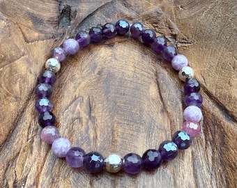 Mini Mermaid Soul Bracelet | Amethyst, Mystic Amethyst, Lepidolite, Ruby, + Hematite | 6 mm | Spiritual Junkies