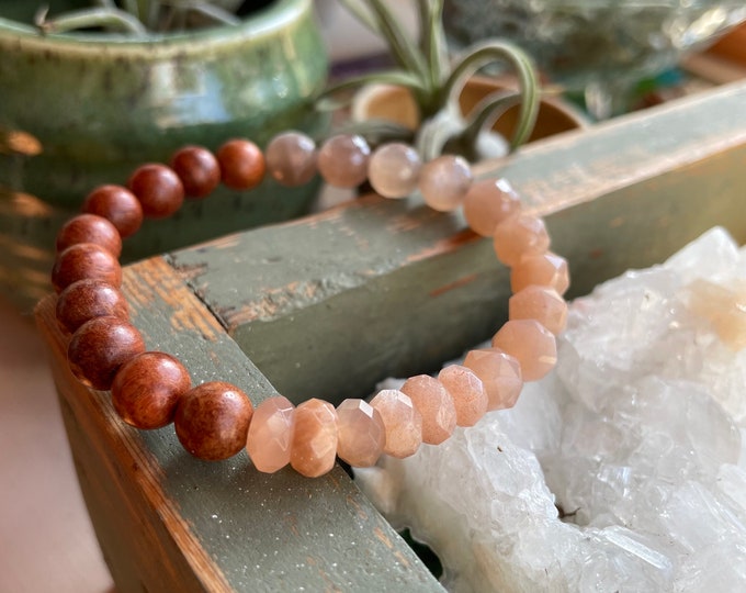 Rejoice Bracelet | Burmese Rosewood, Sunstone + Grey Moonstone | 8 mm | Spiritual Junkies | Yoga  | Mala Beads