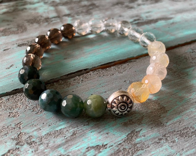 Sunflower Bracelet | Quartz Crystal, Smoky Quartz, Moss Agate, Citrine, + Sterling Silver Sunflower | 8 mm | Spiritual Junkies