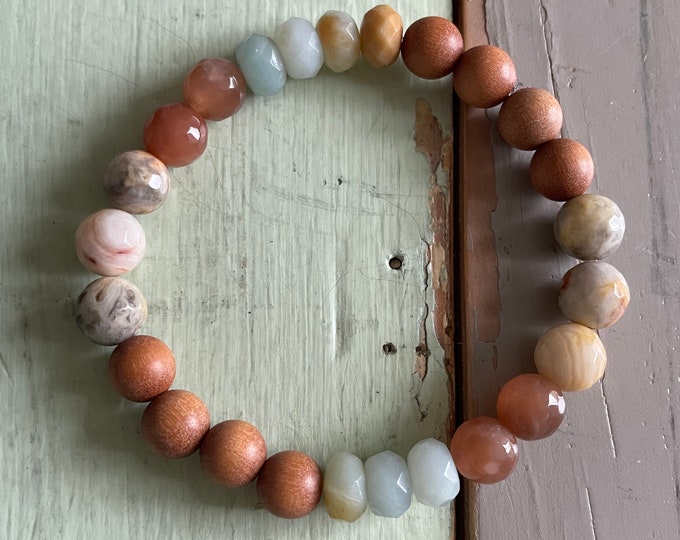 Little Tidal Pool Bracelet | Sandalwood, Crazy Lace Agate, Sunstone + Amazonite | 8 mm | Spiritual Junkies | Yoga Jewelry | Mala Beads