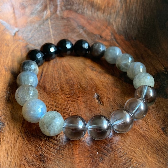 Moon Goddess Bracelet Chunky Onyx, Labradorite, Silver Quartz