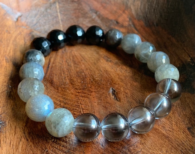 Moon Goddess Bracelet | Chunky Onyx, Labradorite, + Silver Quartz | 10 mm | Spiritual Junkies | Yoga Mala Bracelet