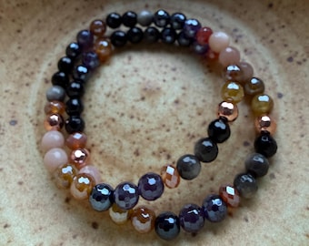 Mini Spooky Bracelet | Obsidian, Hematite, Onyx, Mystic Onyx, Peach Moonstone, Amethyst, + Agate | 6 mm | Halloween | Spiritual Junkies