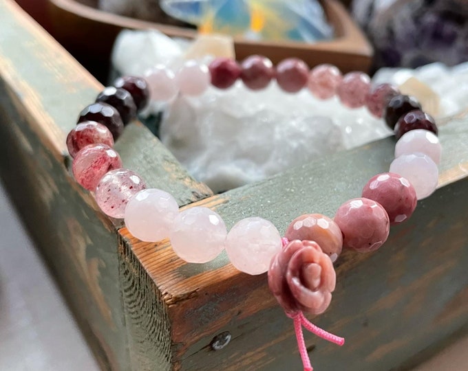 Cherished Bracelet | Garnet, Strawberry Quartz, Rose Quartz, Rhodonite + Rhodonite Rose | Spiritual Junkies | Stackable Mala | Yoga