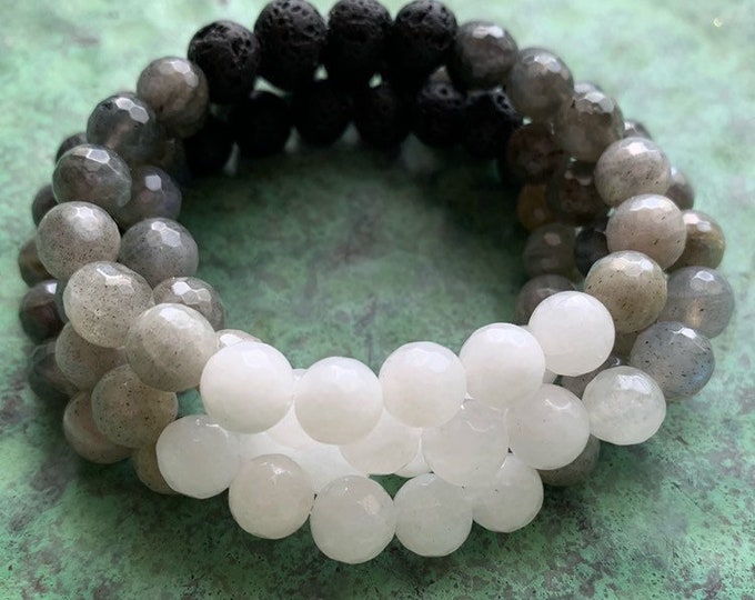 Full Moon Diffuser Bracelet | Lava, Labradorite + Moonstone | Essential Oil | Spiritual Junkies | Stackable Yoga Mala Jewelry