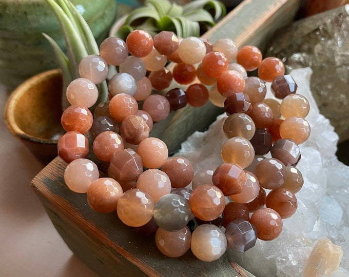 Sunburst Bracelet | Chunky Chocolate Moonstone, Grey Moonstone + Golden Sunstone | 10 mm | Spiritual Junkies | Yoga  | Mala Beads