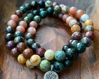 Free Spirit Bracelet | Agate, Bloodstone, Kambaba Jasper, Dragon Blood, Ocean Jasper, Sunstone + Lotus | Spiritual Junkies