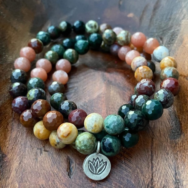 Free Spirit Bracelet | Agate, Bloodstone, Kambaba Jasper, Dragon Blood, Ocean Jasper, Sunstone + Lotus | Spiritual Junkies