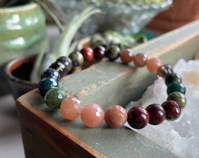 September Mala of the Month | Full Harvest Moon 2023 Bracelet | Jasper, Moss Agate, Sunstone, Smoky Quartz + Sandalwood | Spiritual Junkies