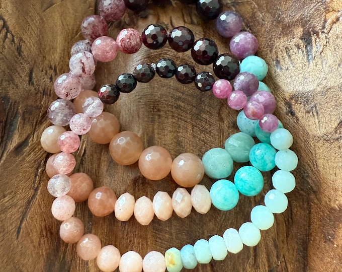 July Mala of the Month | Flirt Bracelet | Garnet, Strawberry Quartz, Ruby, Amazonite + Sunstone | Spiritual Junkies