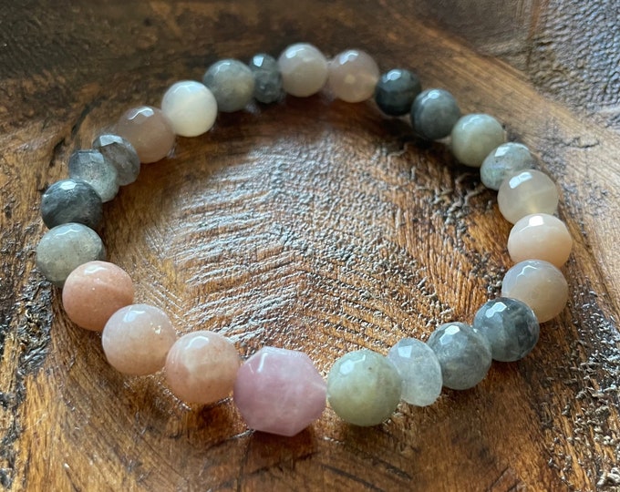 Revive Bracelet | Labradorite, Grey Moonstone, + Raspberry Quartz Bracelet | 8 mm | Spiritual Junkies | Yoga + Meditation | Mala Beads