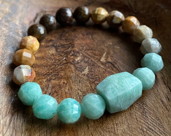 PEACEFUL Bracelet | Bronzite, Fossil Agate + Amazonite | 10 mm | Spiritual Junkies | Yoga Jewelry | Mala Beads