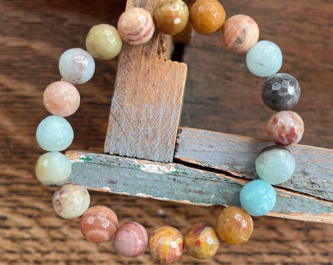 Ocean Potion Bracelet | Chunky Amazonite, Crazy Lace Agate + Sunstone | 10 mm | Spiritual Junkies | Yoga | Mala Beads