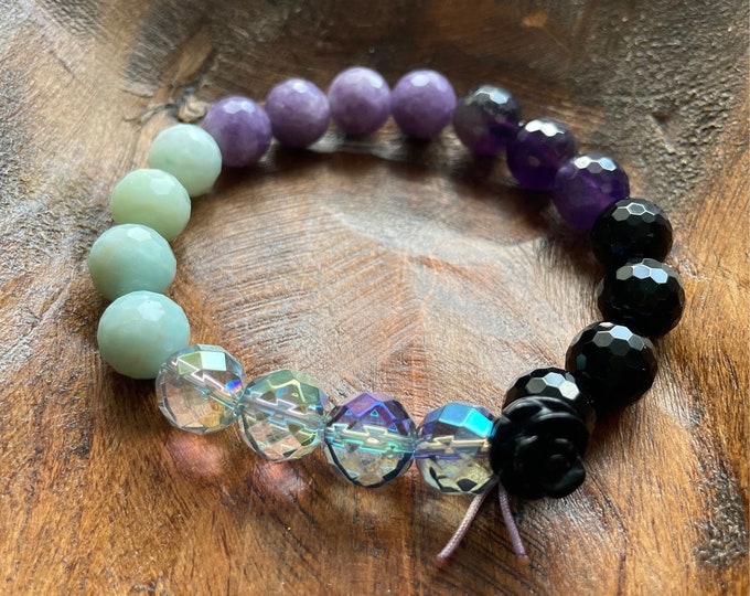 Chunky PTSD Relief Bracelet | Onyx, Aura Quartz, Amazonite, Lepidolite + Amethyst | 10 mm | Spiritual Junkies