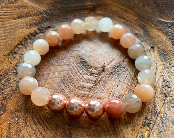 Summer Lovin’ Bracelet | Sunstone, Moonstone + Rose Gold Hematite | 8 mm | Spiritual Junkies | Yoga + Meditation | Mala Beads