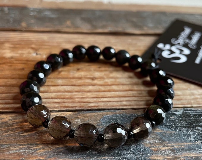 Grief Support Bracelet | Golden Rainbow Obsidian + Smoky Quartz | 8 mm | Spiritual Junkies | Yoga | Mala Beads