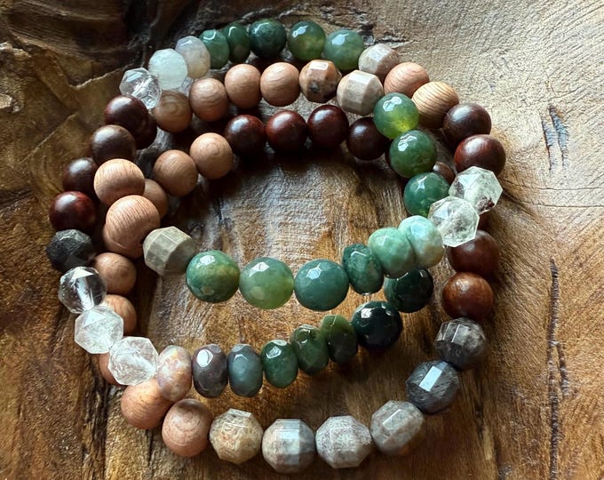 The Herbal Path Bracelet | Stack of 3 | Natural Wood, Moss Agate, Indian Agate, Green Phantom Quartz, + Fossil Jasper | Spiritual Junkies