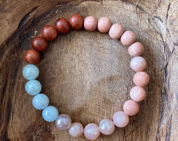 Sand + Sky Bracelet | Rosewood, Mystic Aquamarine, Mystic Moonstone + Sunstone | 8 mm | Spiritual Junkies