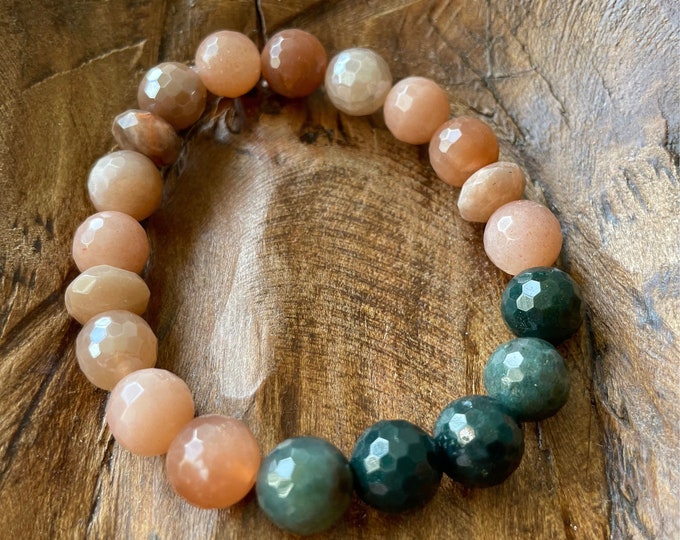 Chunky Delightful Bracelet | Sunstone, Mystic Moonstone + Moss Agate | 10 mm | Spiritual Junkies | Yoga  | Mala Beads