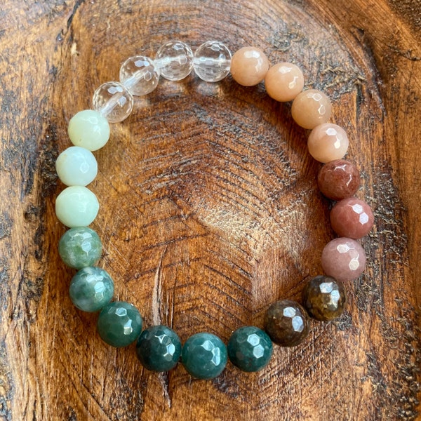 Goddess Ostara Bracelet | Quartz, Amazonite, Ocean Jasper, Moss Agate, Bronzite, Purple Aventurine + Sunstone | 8 mm | Spiritual Junkies