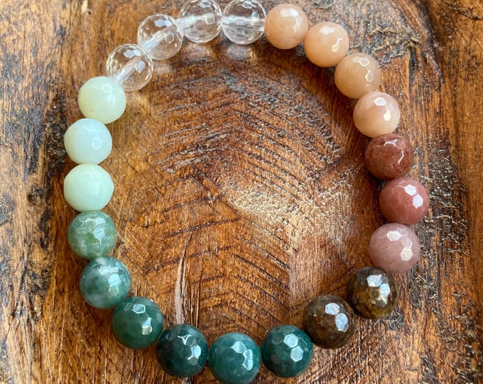 Goddess Ostara Bracelet | Quartz, Amazonite, Ocean Jasper, Moss Agate, Bronzite, Purple Aventurine + Sunstone | 8 mm | Spiritual Junkies