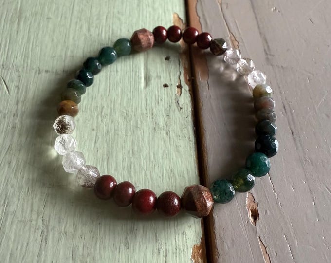 The Mini Herbal Path Bracelet | Natural Wood, Moss Agate, Indian Agate, Green Phantom Quartz, + Fossil Jasper | 6 mm | Spiritual Junkies