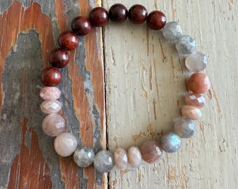 Celestial Bracelet | Natural Wood, Labradorite, Moonstone + Mystic Moonstone | 8 mm | Fertility | Spiritual Junkies