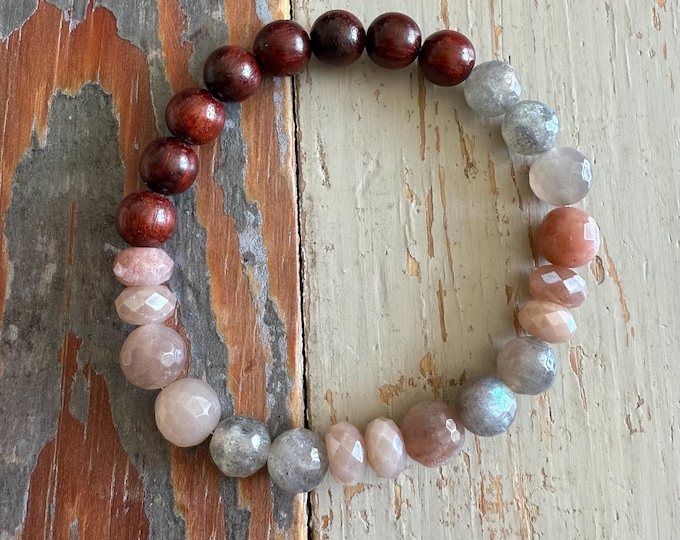 Celestial Bracelet | Natural Wood, Labradorite, Moonstone + Mystic Moonstone | 8 mm | Fertility | Spiritual Junkies