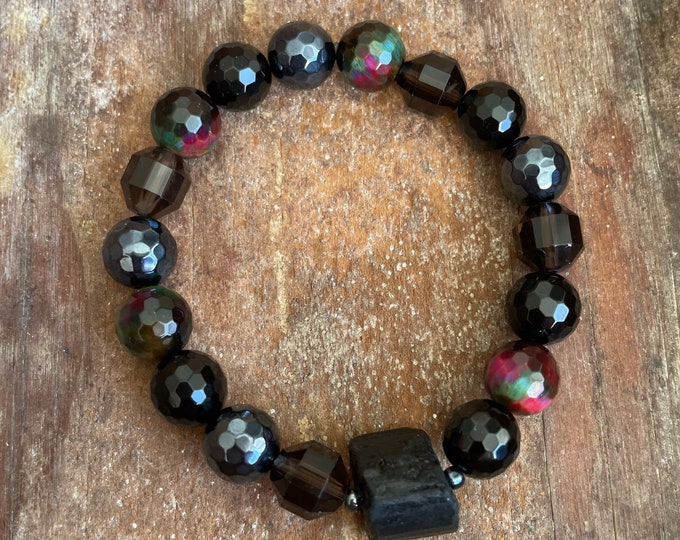 Soul Song Bracelet | Chunky Onyx, Mystic Mermaid Onyx, Rainbow Tiger Eye, Smoky Quartz + Raw Tourmaline | 10 mm | Spiritual Junkies