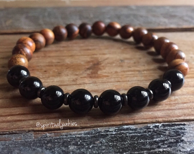 Natural Wood + Black Onyx | Yoga + Meditation | Spiritual Junkies | Stackable Mala Bracelet