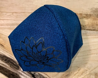 Textured Blue 100% Cotton Lotus Blossom Face Mask- All Day Wear - Super Soft Ear Straps