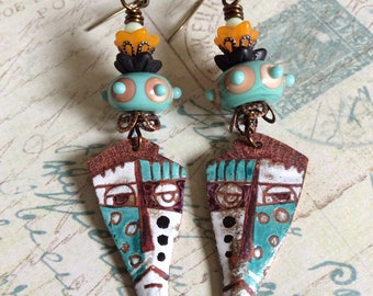 Bohemian Mask*bm34...Enameled Copper Earrings. Striking. Rustic Assemblage. Ethnic. Earthy. Long and Colorful , JustSlightlyVintage