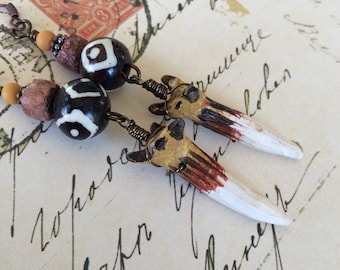 On The Hunt...Fox Earrings, Artisanmade, African Beads, Tribal, Earthy, Warm, Southwest, Organic, Rustic Assemblage, JustSlightlyVintage