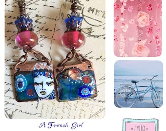 A French Girl...Enameled Copper Earrings. artisan. Asymmetrical, Mismatched Assemblage. Lampwork, Bohemian, Bijoux. JustSlightlyVintage