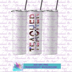 May include: Two white stainless steel tumblers with a pink, blue and leopard print design. The tumblers are 20 ounces and have a straw.