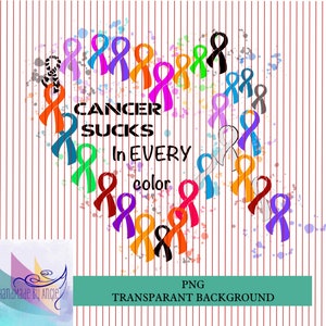 May include: A heart-shaped design made of colorful ribbons with the text "Cancer Sucks in Every Color".