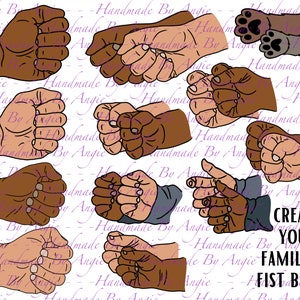 Op de afbeelding: Een digitale illustratie van verschillende vuiststoten in verschillende huidtinten. De tekst "Maak je familie van vuiststoten" staat onderaan de afbeelding.